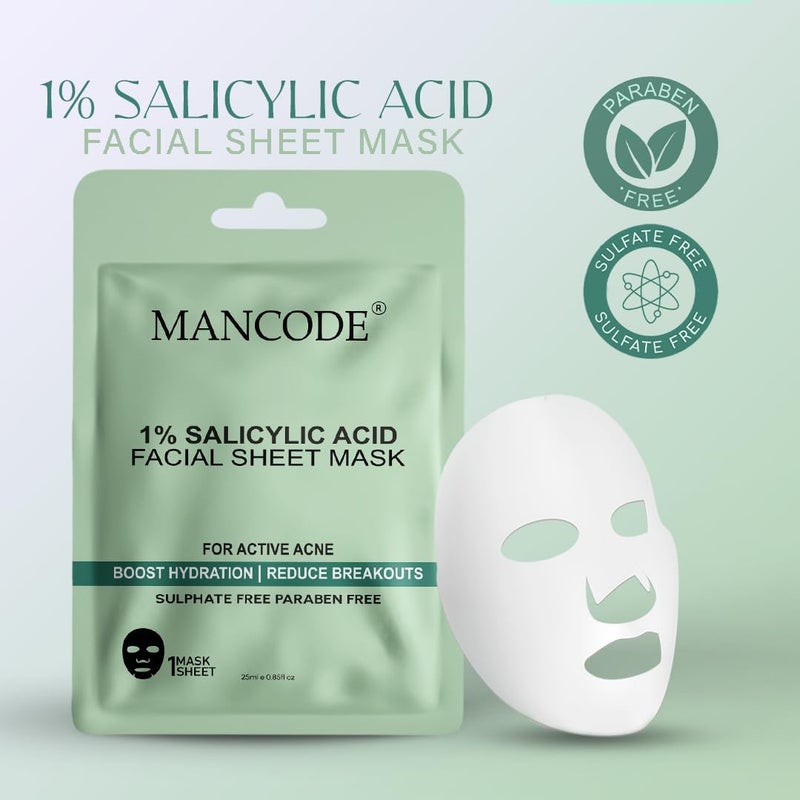 MAN CODE Mancode 1 Salicylic Acid Facial Sheet Mask 25ml Boost Hydration Reduce Breakouts Active Acne Pore Reducing Brightening Enhances Glow Korean Sheet Mask for Men Women Unisex Sheet Mask Set 25ml  - Image 2