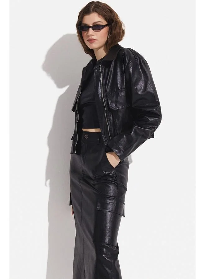 JUNE June Metallic Fabric Pocket Detailed Jacket Black
