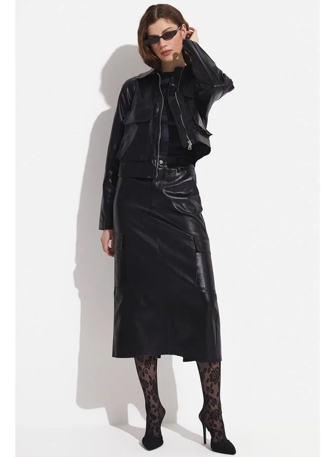 JUNE June Metallic Fabric Pocket Detailed Jacket Black