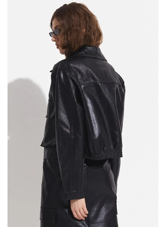 JUNE June Metallic Fabric Pocket Detailed Jacket Black
