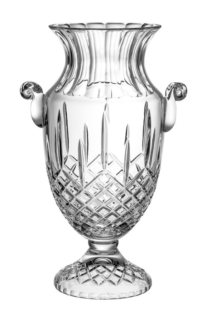 HAND CUT MOUTH BLOWN CENTERPIECE LARGE FOOTED VASE 16 H MADE IN EUROPE