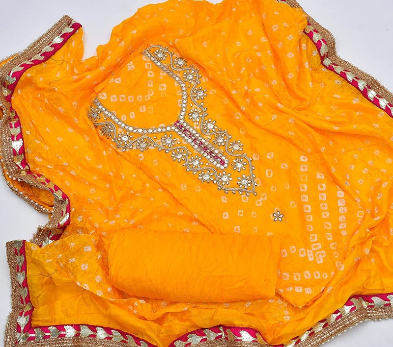 PK HUB Women's Art Silk Bandhani Dress Material – Unstitched Salwar Suit with Gota Patti Work – Traditional Ethnic Wear for Women & Girls (Yellow) - Image 2