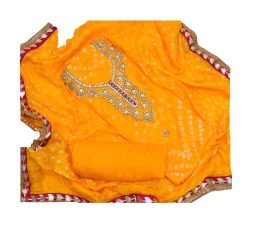 PK HUB Women's Art Silk Bandhani Dress Material – Unstitched Salwar Suit with Gota Patti Work – Traditional Ethnic Wear for Women & Girls (Yellow) - Image 3