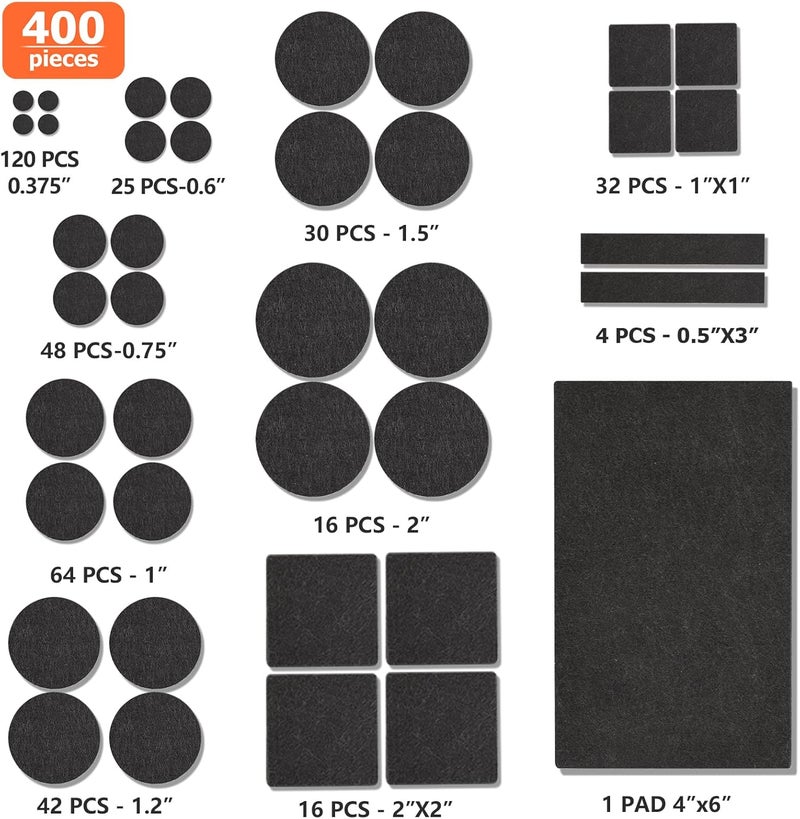FURNIMATE Felt Furniture Pads 400 Pieces, Furniture Pads for Hardwood Floors, Floor Protectors for Furniture Legs, Felt Pads for Furniture, Many Large Sizes Black - Image 3