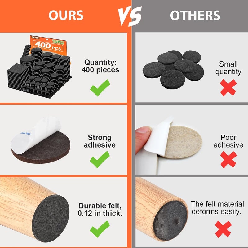 FURNIMATE Felt Furniture Pads 400 Pieces, Furniture Pads for Hardwood Floors, Floor Protectors for Furniture Legs, Felt Pads for Furniture, Many Large Sizes Black - Image 2