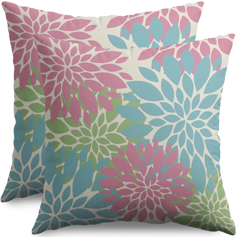 Smozenith Smozenith Blue Pink Green Spring Pillow Covers 18X18 Inch Set of 2  Colored Floral Colorful Easter Themed Flower Decorative Throw Pillow Covers Outdoor Farmhouse Cushion Case for Couch Sofa Bed Decor  - Image 1