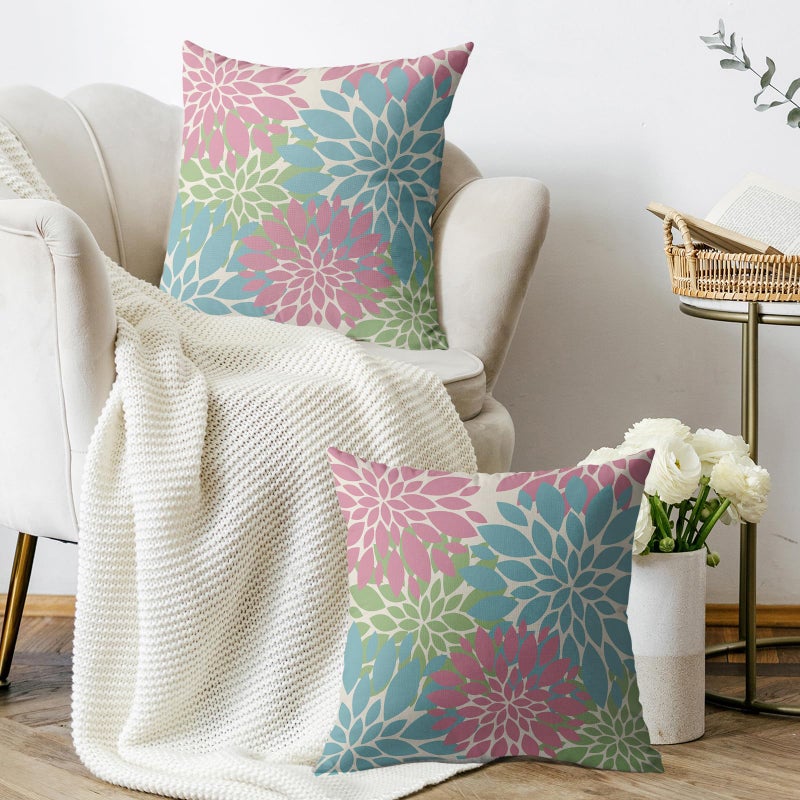 Smozenith Smozenith Blue Pink Green Spring Pillow Covers 18X18 Inch Set of 2  Colored Floral Colorful Easter Themed Flower Decorative Throw Pillow Covers Outdoor Farmhouse Cushion Case for Couch Sofa Bed Decor  - Image 3