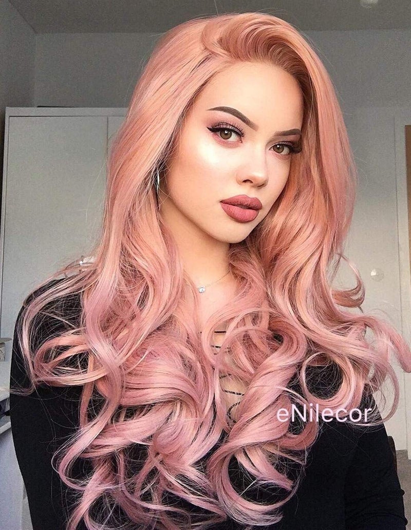 eNilecor Pink Lace Front Wigs24 Inches Long Curly Synthetic Colored Lace Wig Hair Replacement Wigs for Women with Wig Cap Pink