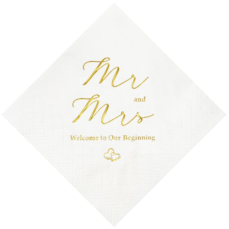 Crisky 3Ply Gold Foil Mr and Mrs Wedding Cocktail Napkins 100 Counts for Wedding Party Reception Dessert Cake Table Decorations Welcome to Our Beginning Disposable Napkins