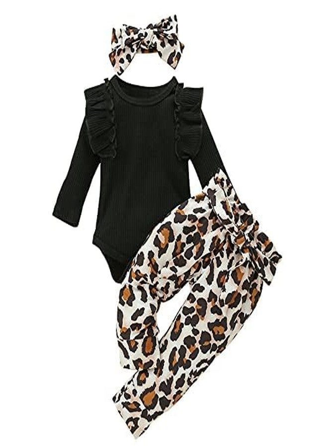 Xumplo 3Pcs Baby Girl Leopard Clothes Ruffles Long Sleeve Fall Outfits Infant Baby Black Jumpsuit 12-18 Months - Image 2