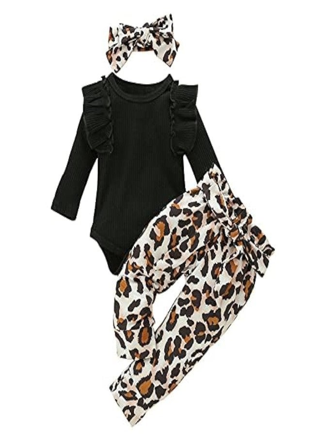 Xumplo 3Pcs Baby Girl Leopard Clothes Ruffles Long Sleeve Fall Outfits Infant Baby Black Jumpsuit 12-18 Months - Image 1