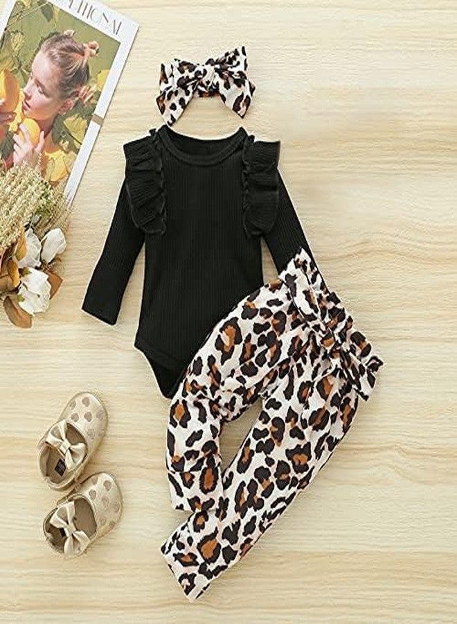 Xumplo 3Pcs Baby Girl Leopard Clothes Ruffles Long Sleeve Fall Outfits Infant Baby Black Jumpsuit 12-18 Months - Image 3
