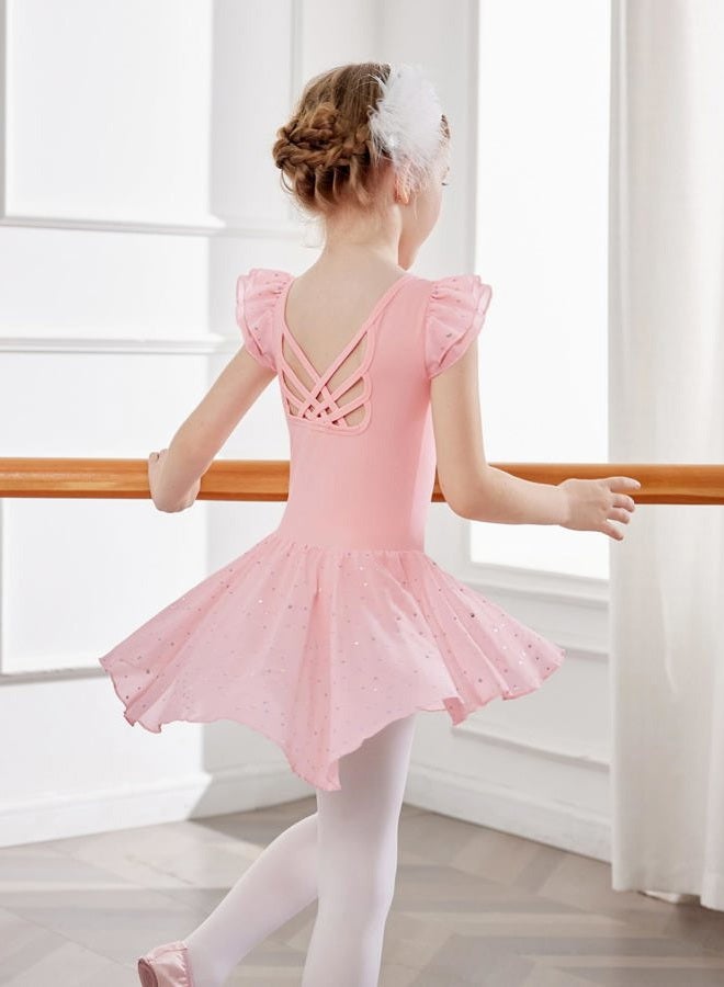 Arshiner Girls Shiny Ruffle Sleeve Ballet Leotard with Skirt Criss-Cross Back Dance Dresses, Ballet Pink, 8-9 Years - Image 5