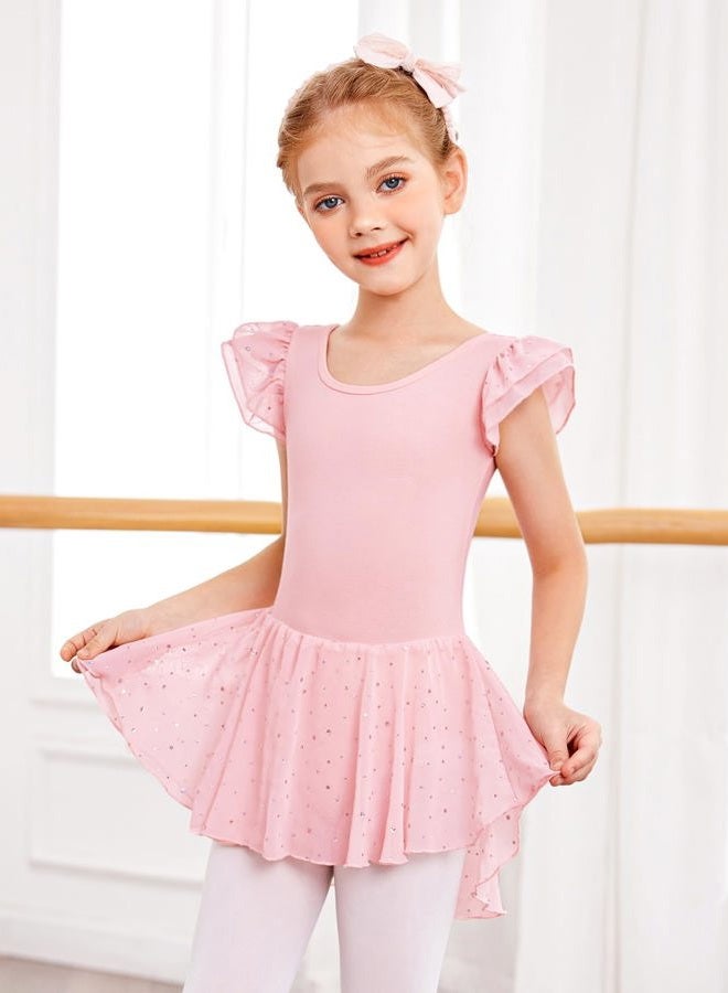 Arshiner Girls Shiny Ruffle Sleeve Ballet Leotard with Skirt Criss-Cross Back Dance Dresses, Ballet Pink, 8-9 Years - Image 3
