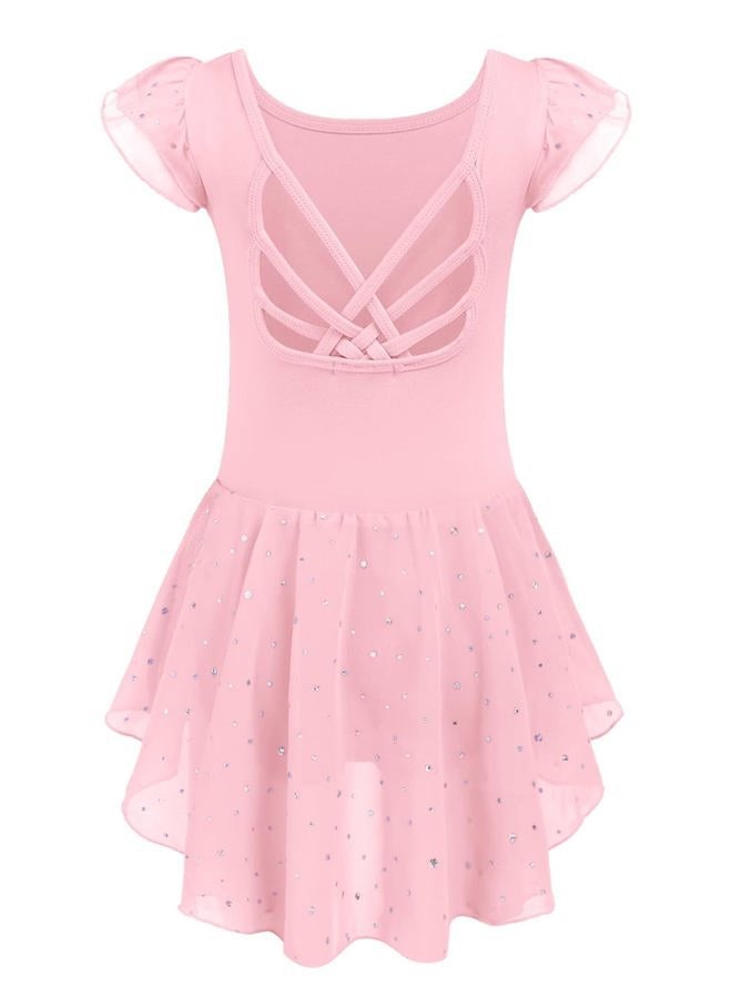Arshiner Girls Shiny Ruffle Sleeve Ballet Leotard with Skirt Criss-Cross Back Dance Dresses, Ballet Pink, 8-9 Years - Image 1