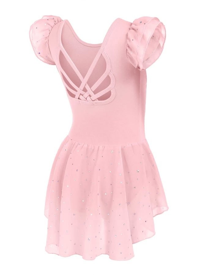 Arshiner Girls Shiny Ruffle Sleeve Ballet Leotard with Skirt Criss-Cross Back Dance Dresses, Ballet Pink, 8-9 Years - Image 2