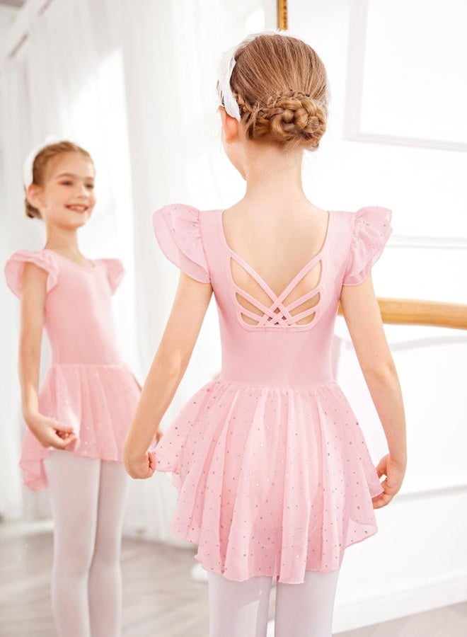 Arshiner Girls Shiny Ruffle Sleeve Ballet Leotard with Skirt Criss-Cross Back Dance Dresses, Ballet Pink, 8-9 Years - Image 4