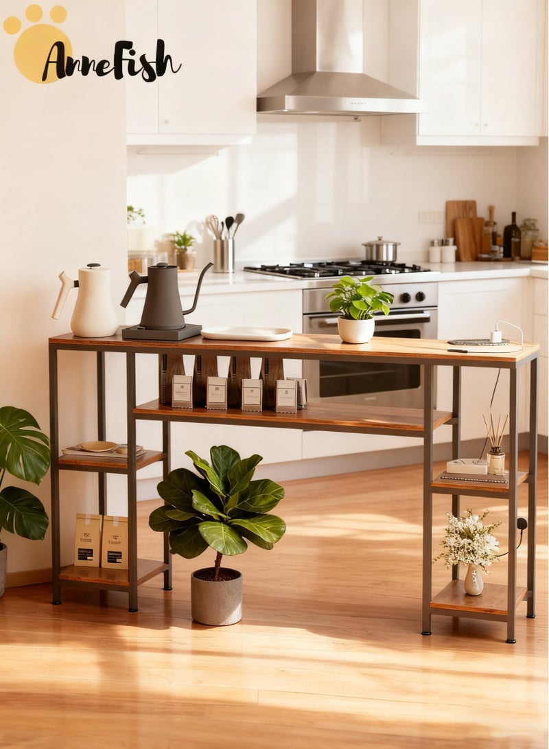 آن فش طاولة وحدة تحكم 4 طبقات مقاس 160*30*90 سم مع مخرج طاقة وطاولة أريكة قابلة للتعديل مع رف تخزين وطاولة جانبية للمدخل وطاولة للأريكة والمدخل وغرفة المعيشة - Image 3