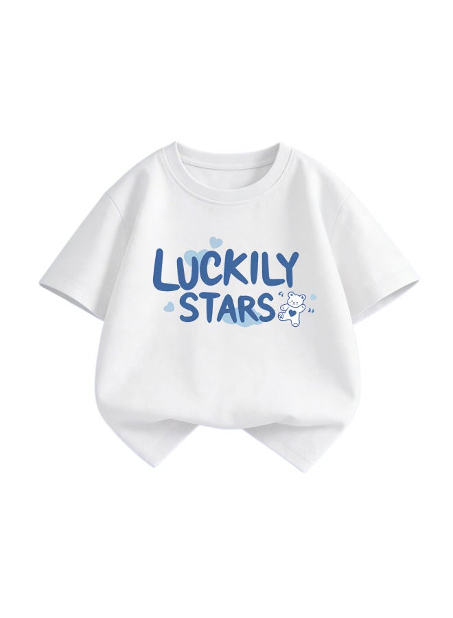 Boys' Summer Pure Cotton Short-sleeved T-shirt For Small And Medium-sized Children With Cartoon Letter Print, Casual Student Comfortable Breathable Top, Trendy