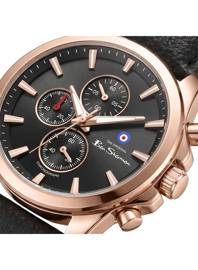 Ben Sherman Oxford Black Dial Brown Genuine Leather Strap Chronograph Watch for Men, 44mm - Image 2