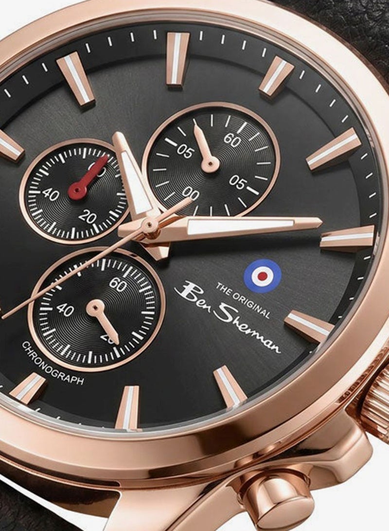 Ben Sherman Oxford Black Dial Brown Genuine Leather Strap Chronograph Watch for Men, 44mm - Image 2