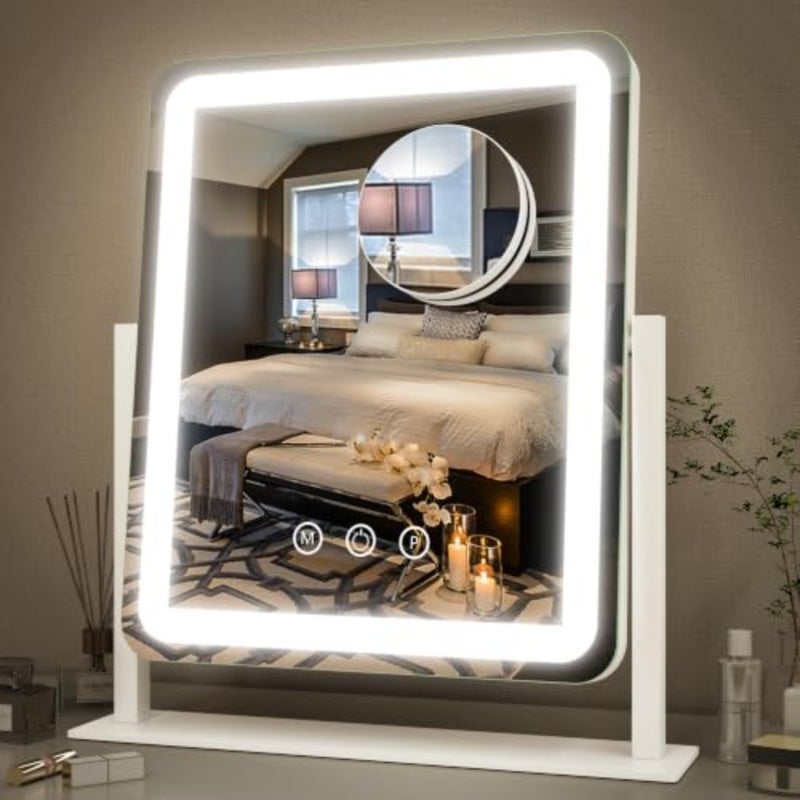مرآة فانيتي مع أضواء - مرآة مكياج بإضاءة LED مقاس 15 بوصة × 12.6 بوصة، مرآة مكياج كبيرة مزودة بأضواء، شاشة تعمل باللمس مع إضاءة 3 ألوان، قابلة للتعتيم، لسطح المكتب وغرفة النوم - Image 1