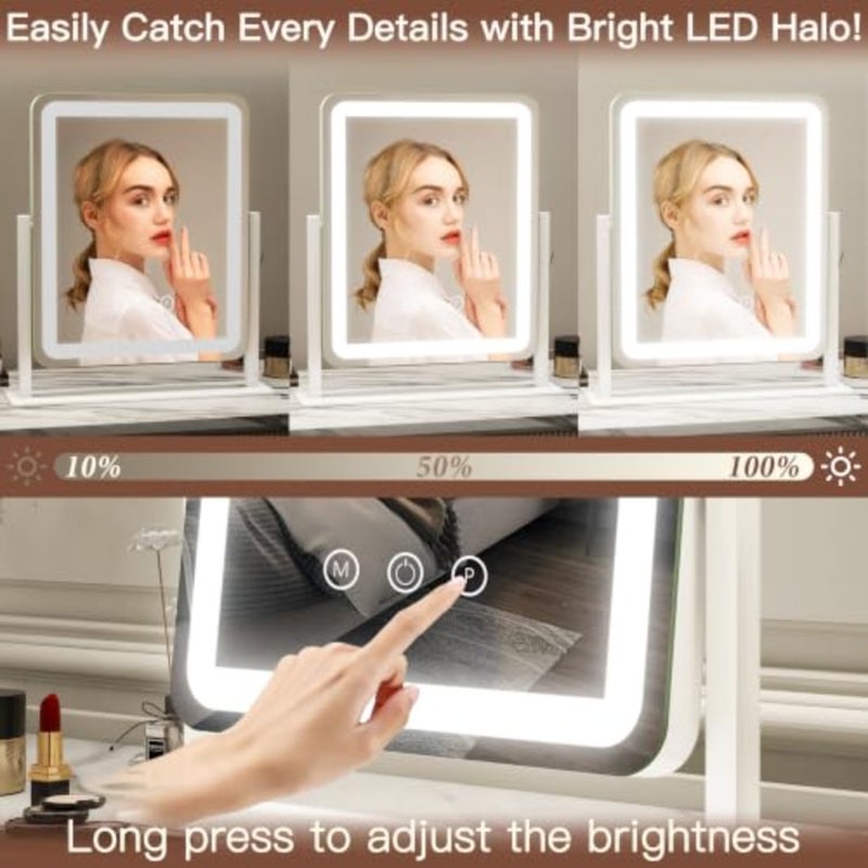 مرآة فانيتي مع أضواء - مرآة مكياج بإضاءة LED مقاس 15 بوصة × 12.6 بوصة، مرآة مكياج كبيرة مزودة بأضواء، شاشة تعمل باللمس مع إضاءة 3 ألوان، قابلة للتعتيم، لسطح المكتب وغرفة النوم - Image 2
