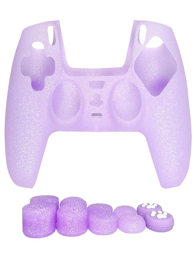 HLRAO Purple Glitter Anti-Slip Protective Silicone Cover Skin Compatible with PS5/Slim/Pro Controller,8 PCS Glitter Thumb Grips Caps and 2 Grips Caps. - Image 2