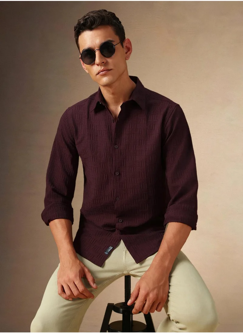 Dennis Lingo Men's Maroon Cotton Blend Textured Shirt