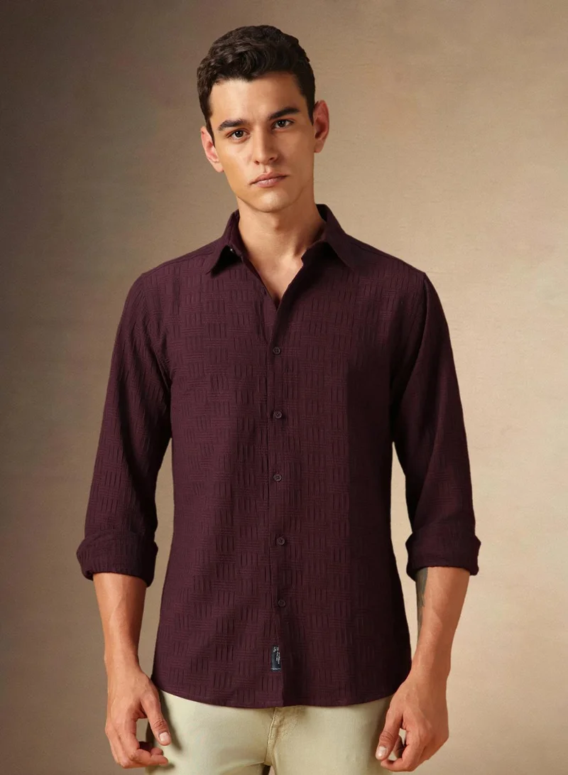 Dennis Lingo Men's Maroon Cotton Blend Textured Shirt