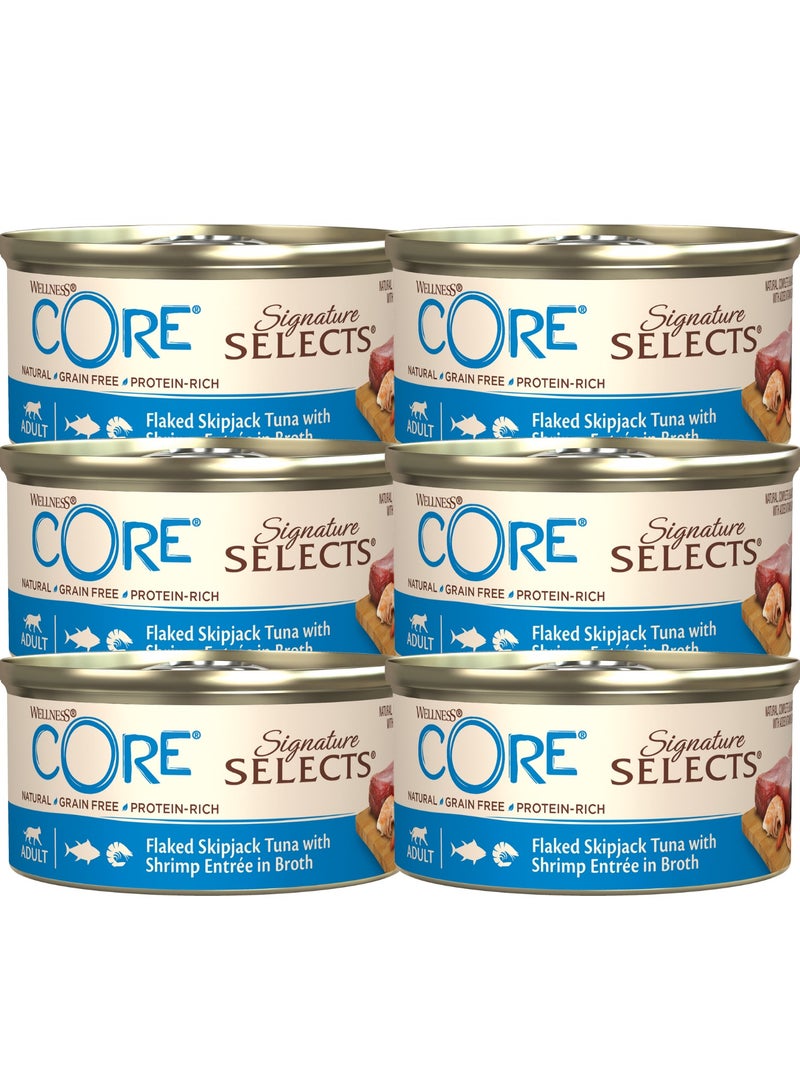 ويلنس كور اكل قطط رطب طعام قطط رطب بنكهة تونة السكيبجاك و الروبيان بالمرق للقطط البالغة - 6x79 جرام - طعام قطط رطب خالي من الحبوب - اكل قطط عالي الجودة غني بالبروتين للقطط البالغة - Image 1