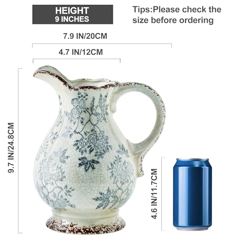 Enra Large Vintage Blue and White and Pitcher for Home Decor, 9.7 Inch Rustic Chinoiserie Decorative Vases, Green and Beige Ceramic Vases for Living Room, Kitchen, Office – Large Vases for Decor - Image 2