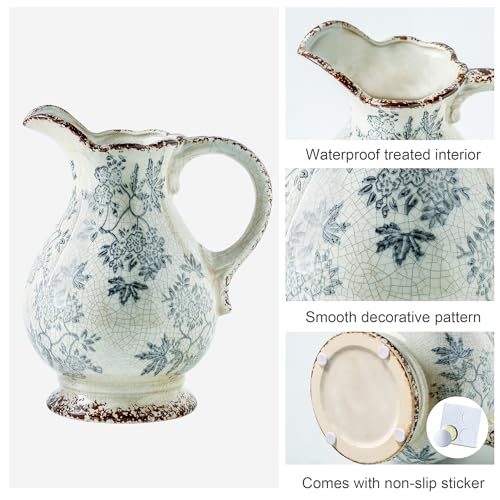 Enra Large Vintage Blue and White and Pitcher for Home Decor, 9.7 Inch Rustic Chinoiserie Decorative Vases, Green and Beige Ceramic Vases for Living Room, Kitchen, Office – Large Vases for Decor - Image 3