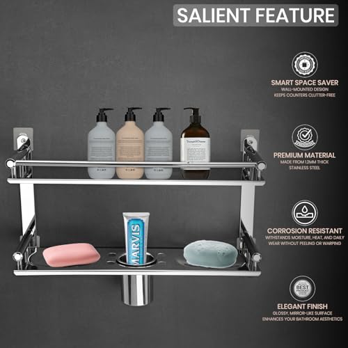 ARQUIN Bathroom Shelf Bathroom Organiser Racks and Shelves | 304 Stainless Steel Wall Mount 2-Layer Multi-Purpose Shelf I Bathroom Accessories Set Kitchen Wall Mount - Image 3