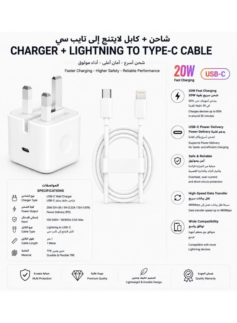 tenplus iPhone 20W Fast Charger | USB C Wall Fast Charger with USB C to Lightning Cable Compatible with iPhone 14/14 Pro/14 Pro Max/13/12/SE2020/11/XR/XS Max/X/iPad - Image 1