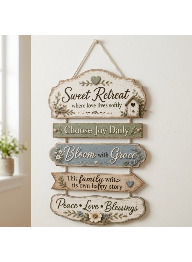 A wooden wall hanging with a sweet retreat design and warm phrases like "Where love lives quietly," "Bloom with grace," and "This family has a happy story." A stylish rustic wall hanging with words of peace, love, and blessings, perfect for the living room, entryway, and kitchen. - Image 1