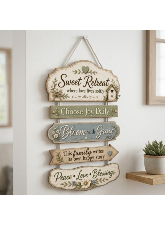 A wooden wall hanging with a sweet retreat design and warm phrases like "Where love lives quietly," "Bloom with grace," and "This family has a happy story." A stylish rustic wall hanging with words of peace, love, and blessings, perfect for the living room, entryway, and kitchen. - Image 2