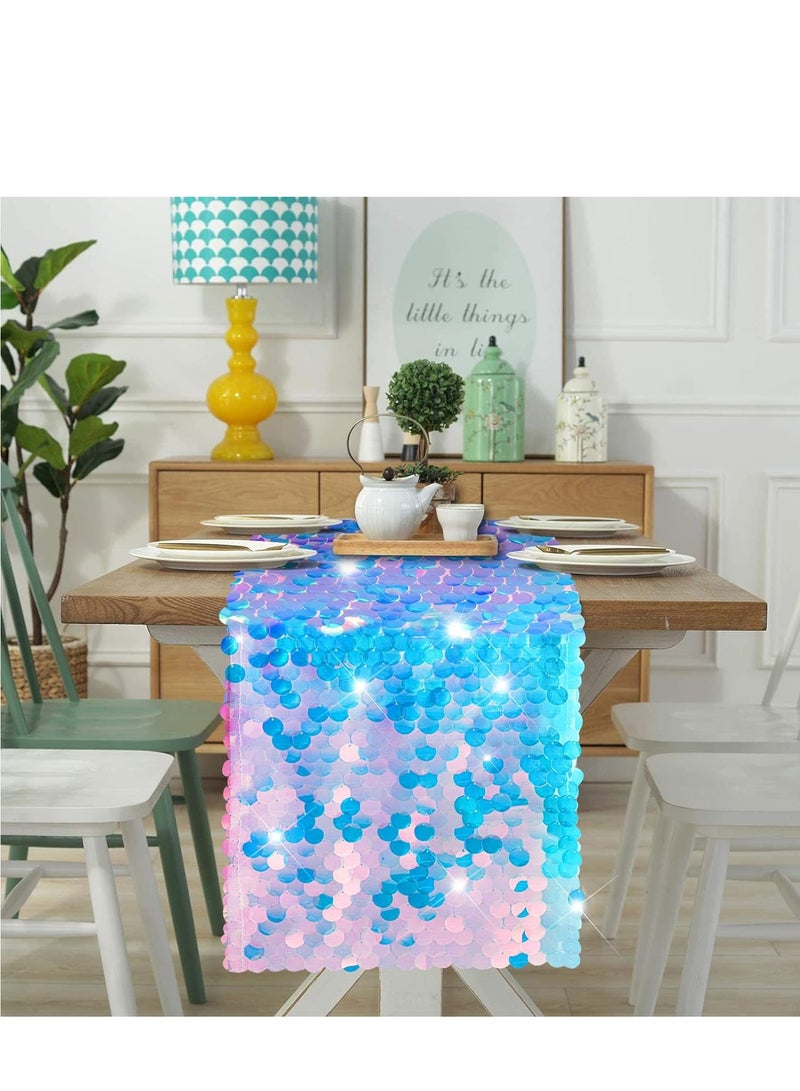 SOLARAE Mermaid Party Table Runner Mermaid Tail Scales Table Runner Glitter Holographic Sequin Table Cover for Ocean Under The Sea Party Decorations Mermaid Party Supplies - Image 4