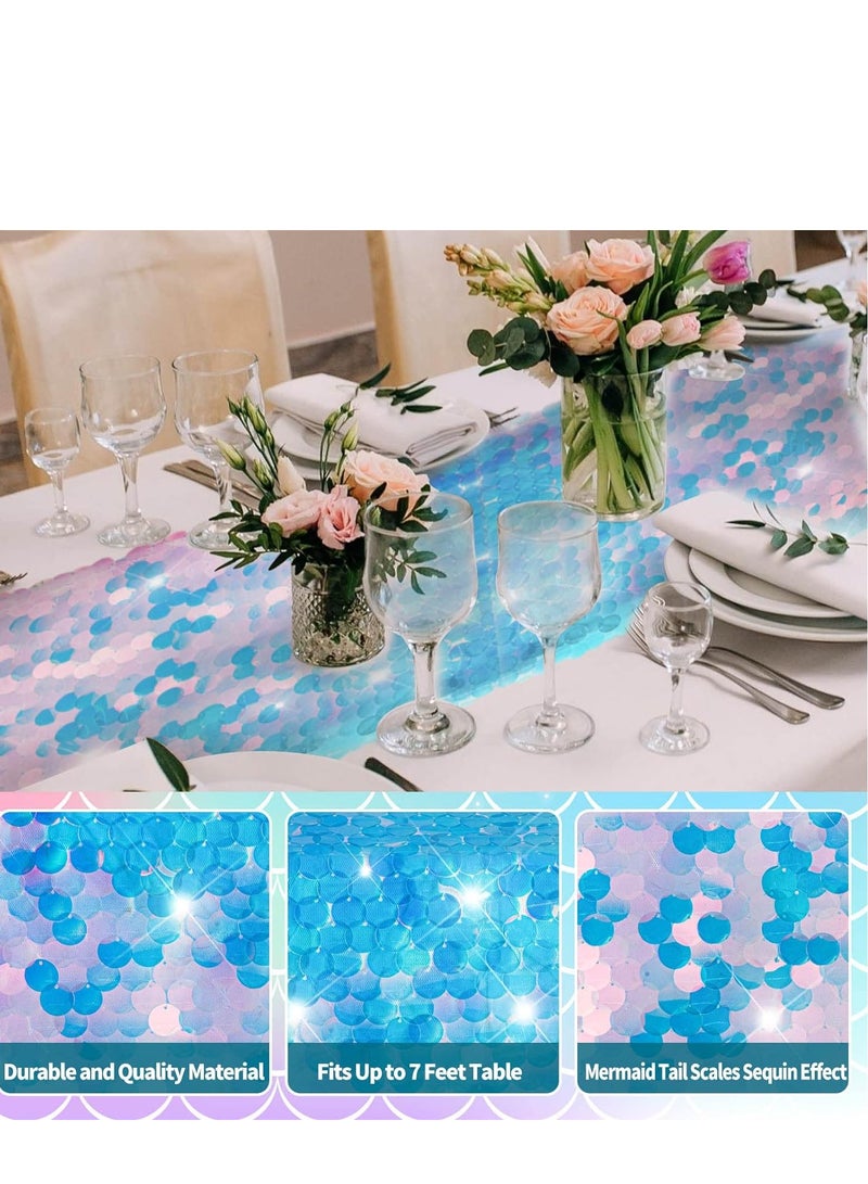SOLARAE Mermaid Party Table Runner Mermaid Tail Scales Table Runner Glitter Holographic Sequin Table Cover for Ocean Under The Sea Party Decorations Mermaid Party Supplies - Image 2