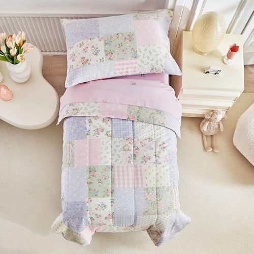 Joyreap 4 Piece Cotton Toddler Bedding Set Colorful Flowers Grids Patchwork Design Toddler Comforter Set for Girls Includes Quilted Comforter Fitted Sheet Top Sheet and Pillow Case - Image 1