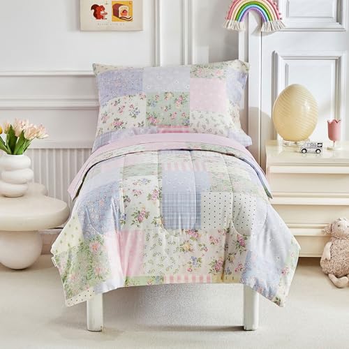 Joyreap 4 Piece Cotton Toddler Bedding Set Colorful Flowers Grids Patchwork Design Toddler Comforter Set for Girls Includes Quilted Comforter Fitted Sheet Top Sheet and Pillow Case - Image 3