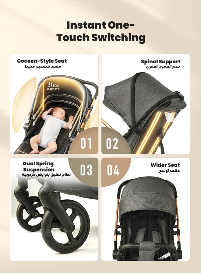 hibobi Baby Stroller - Lightweight Foldable Travel Pram with Reversible Seat for Newborn to 4 Years - Image 2