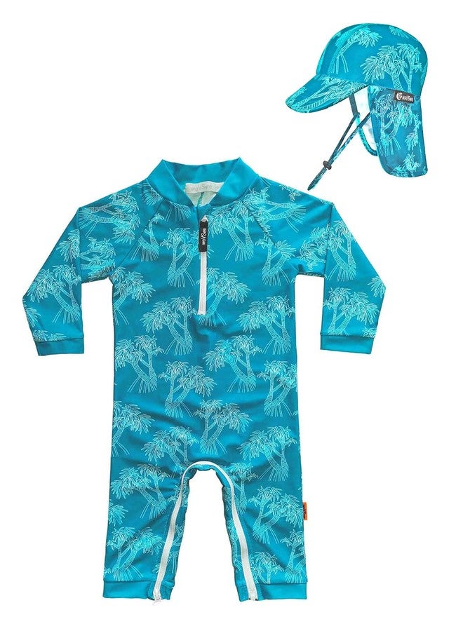 weVSwe Baby Toddler Sun Protection Rash Guard Swimsuit with Crotch Zipper Tree Peacock Blue Bathing Suit with Sun Hat 12-18 Months - Image 1