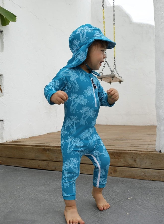 weVSwe Baby Toddler Sun Protection Rash Guard Swimsuit with Crotch Zipper Tree Peacock Blue Bathing Suit with Sun Hat 12-18 Months - Image 2