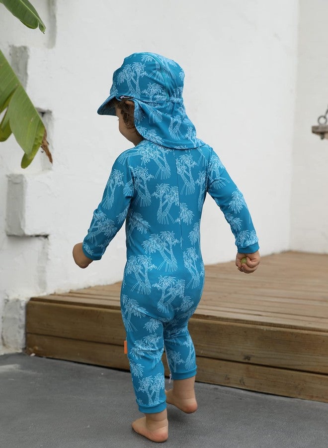 weVSwe Baby Toddler Sun Protection Rash Guard Swimsuit with Crotch Zipper Tree Peacock Blue Bathing Suit with Sun Hat 12-18 Months - Image 3