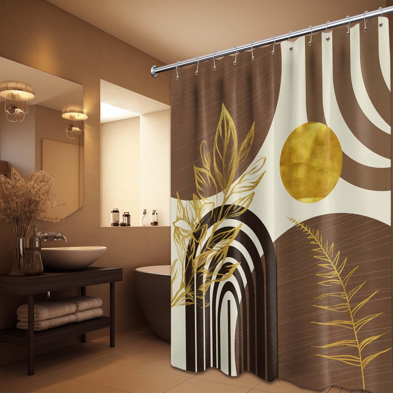 QGHOT Mid Century Modern Black and Brown Shower Curtain Boho Beige and Dark Tan Gold Shower Curtains for Mens Bathroom Decor Sets, Waterproof Cloth Fabric with Hooks, 70x72in - Image 3