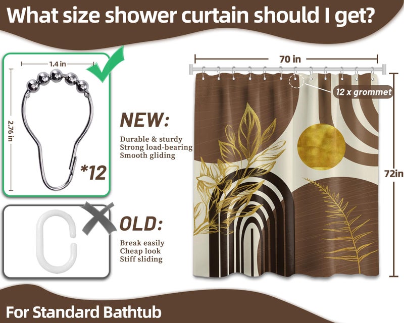 QGHOT Mid Century Modern Black and Brown Shower Curtain Boho Beige and Dark Tan Gold Shower Curtains for Mens Bathroom Decor Sets, Waterproof Cloth Fabric with Hooks, 70x72in - Image 4