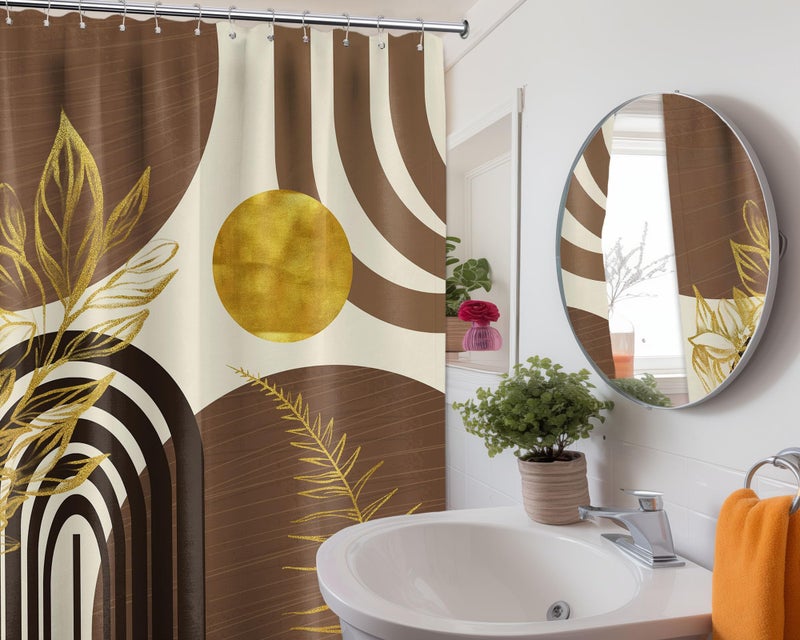 QGHOT Mid Century Modern Black and Brown Shower Curtain Boho Beige and Dark Tan Gold Shower Curtains for Mens Bathroom Decor Sets, Waterproof Cloth Fabric with Hooks, 70x72in - Image 2