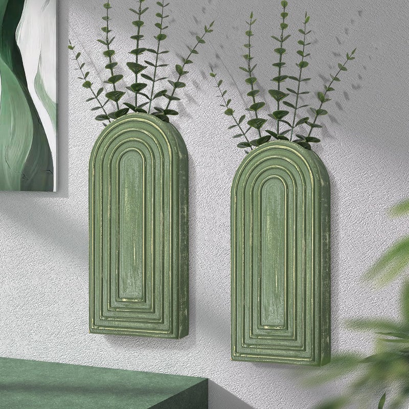 EOSAHR Pine Wood Wall Vases Set of 2 â€“ Decorative Hanging Vases for Indoor Plants, Eucalyptus & Artificial Flowers â€“ Best Boho Chic Decor Wall Art for Bathroom, Bedroom & Living Room (Green) - Image 1