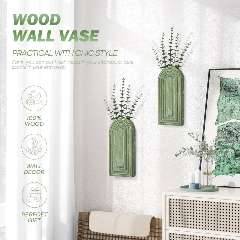 EOSAHR Pine Wood Wall Vases Set of 2 â€“ Decorative Hanging Vases for Indoor Plants, Eucalyptus & Artificial Flowers â€“ Best Boho Chic Decor Wall Art for Bathroom, Bedroom & Living Room (Green) - Image 4